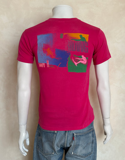 Vintage 80s Hobie Surf T-Shirt — Bright Pink Single Stitch Tee with Colorful Graphic Back Print — Small-AJ357 Studio