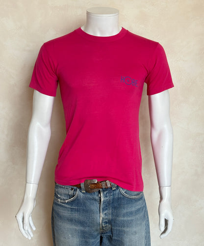 Vintage 80s Hobie Surf T-Shirt — Bright Pink Single Stitch Tee with Colorful Graphic Back Print — Small-AJ357 Studio