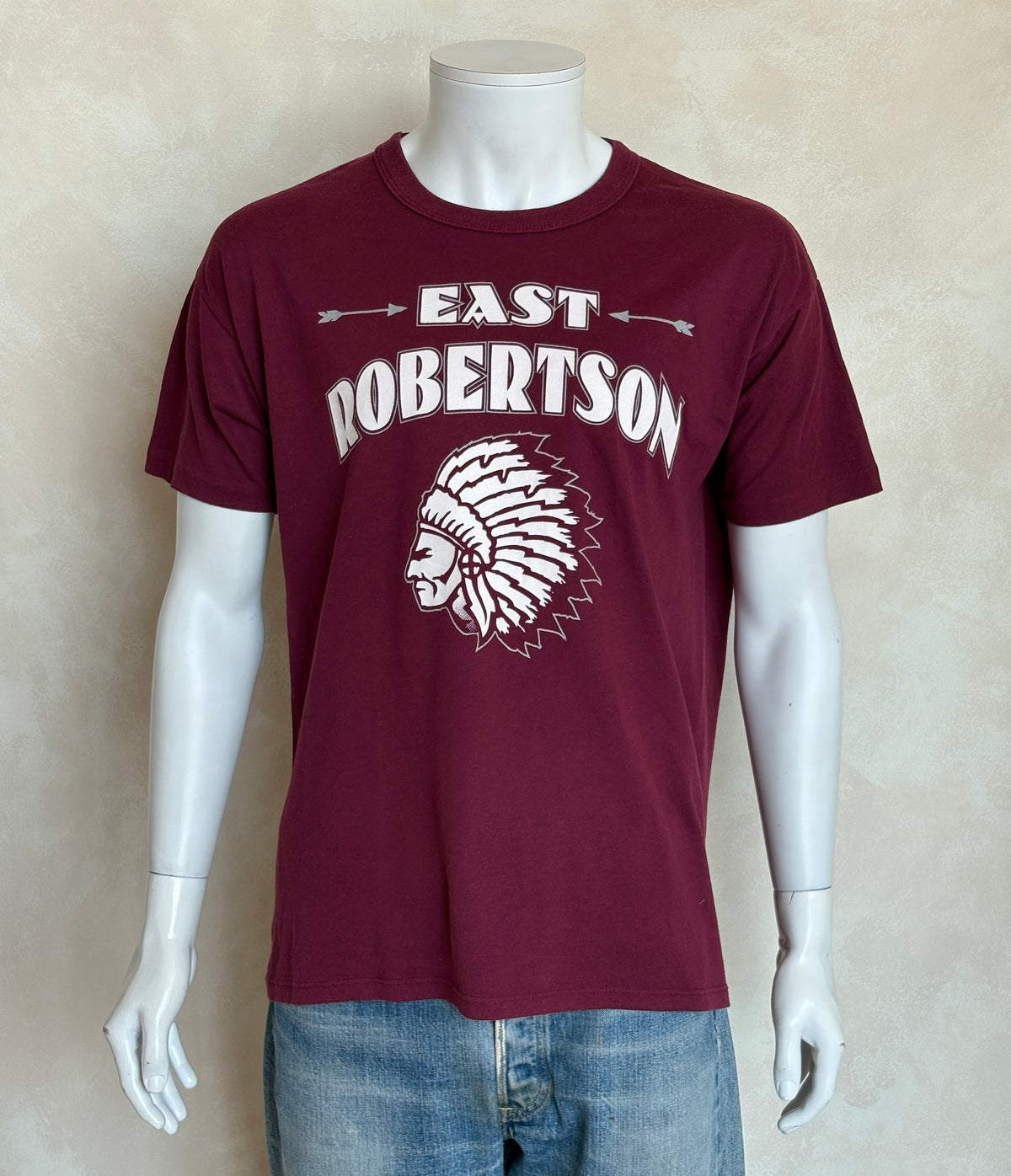 Vintage East Robertson T-Shirt Maroon Native Graphic 90s High School Spirit Tee Arrows & Headdress Print. Large-AJ357 Studio