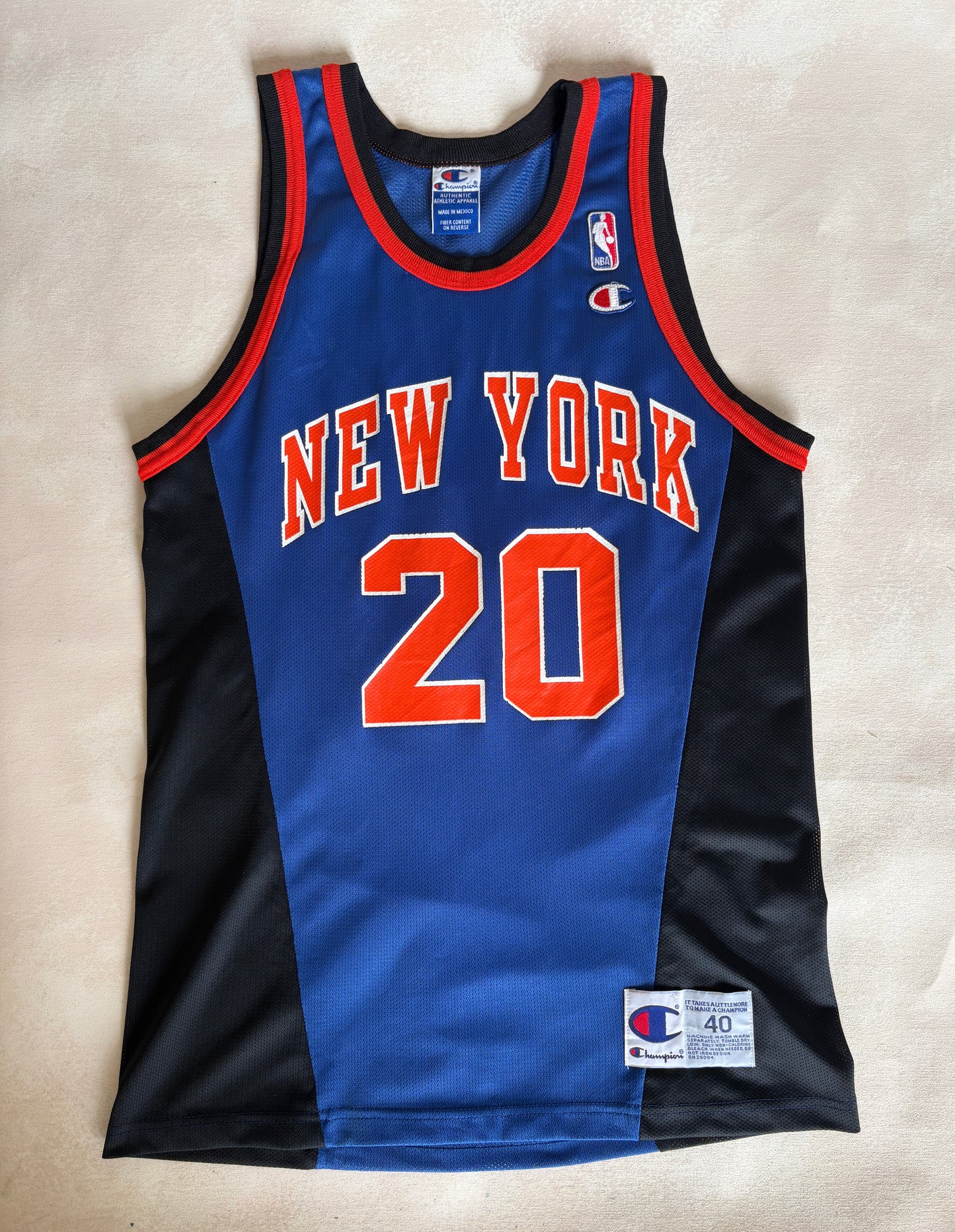 Champion New York Knicks Larry Johnson #20 Jersey Size 40 Blue Black Orange Mesh 90s NBA