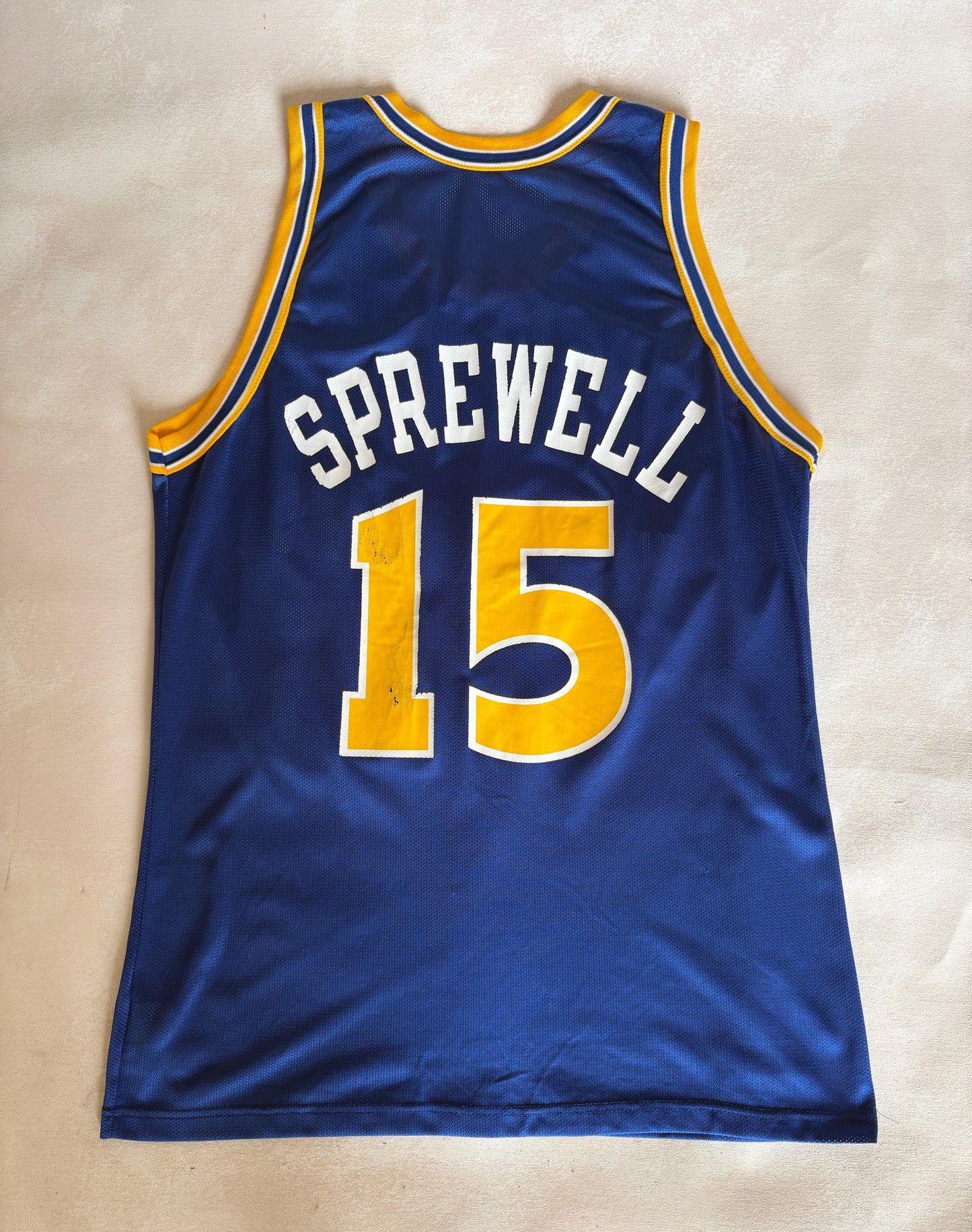 Champion Golden State Warriors Latrell Sprewell #15 Jersey Size 44 Blue Yellow Mesh 90s NBA