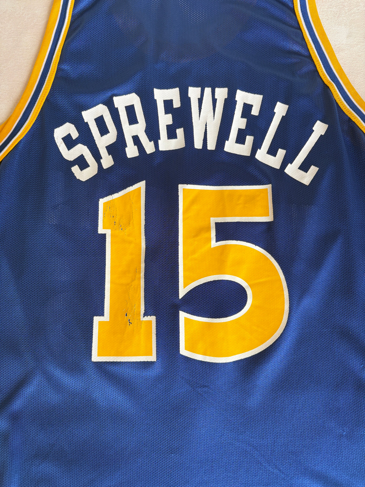 Champion Golden State Warriors Latrell Sprewell #15 Jersey Size 44 Blue Yellow Mesh 90s NBA-AJ357 Studio