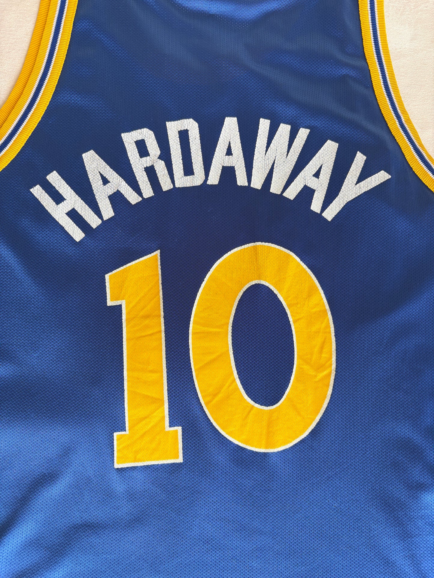 Champion Golden State Warriors Tim Hardaway #10 Jersey Size 44 Blue Yellow Mesh 90s NBA