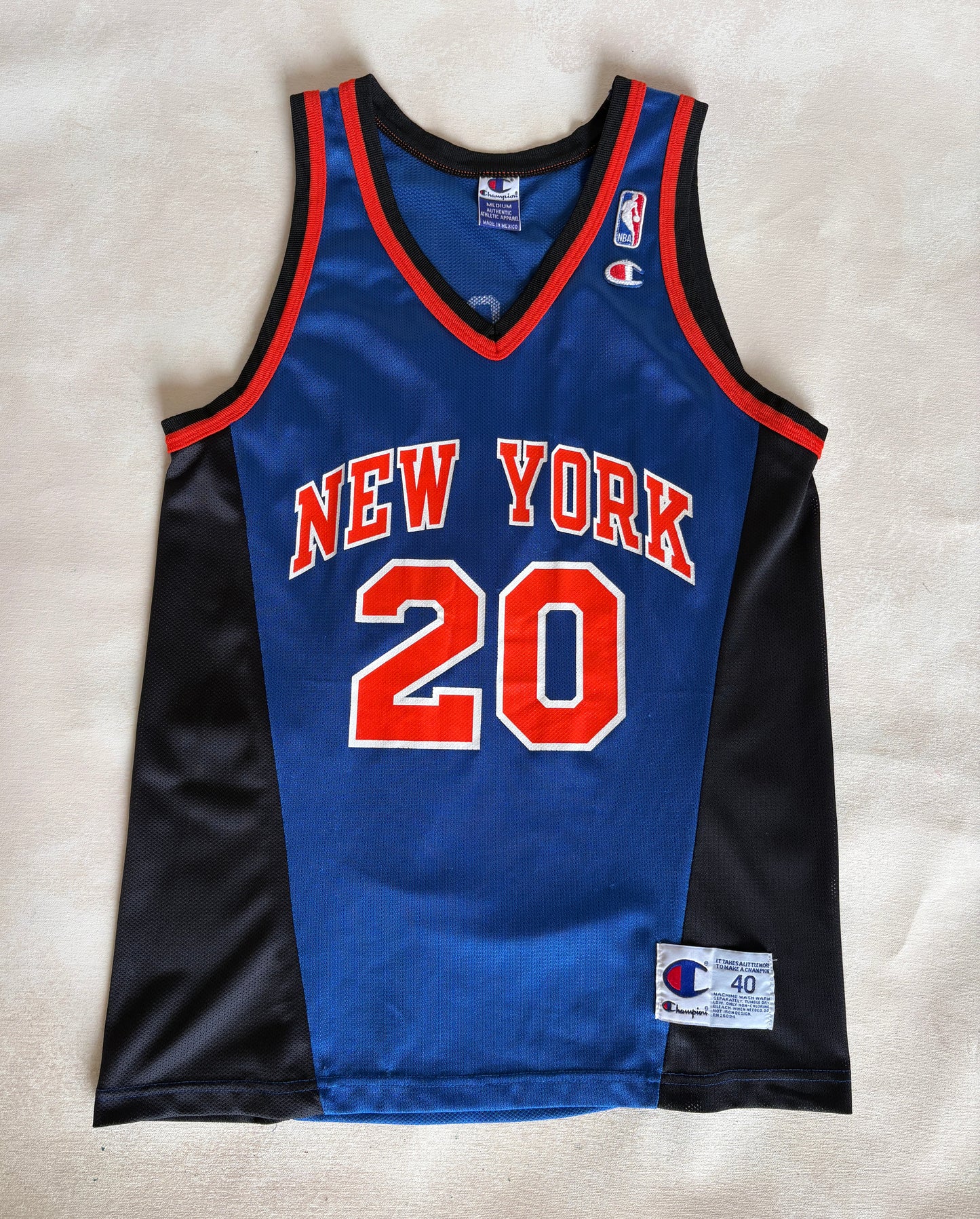 Champion New York Knicks Larry Johnson #20 Jersey Size M/40 Blue Black Orange Mesh 90s NBA