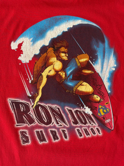 Vintage Ron Jon Surf Shop tee – bold comic-style surfer graphic with pure 90s beach energy. Large-AJ357 Studio