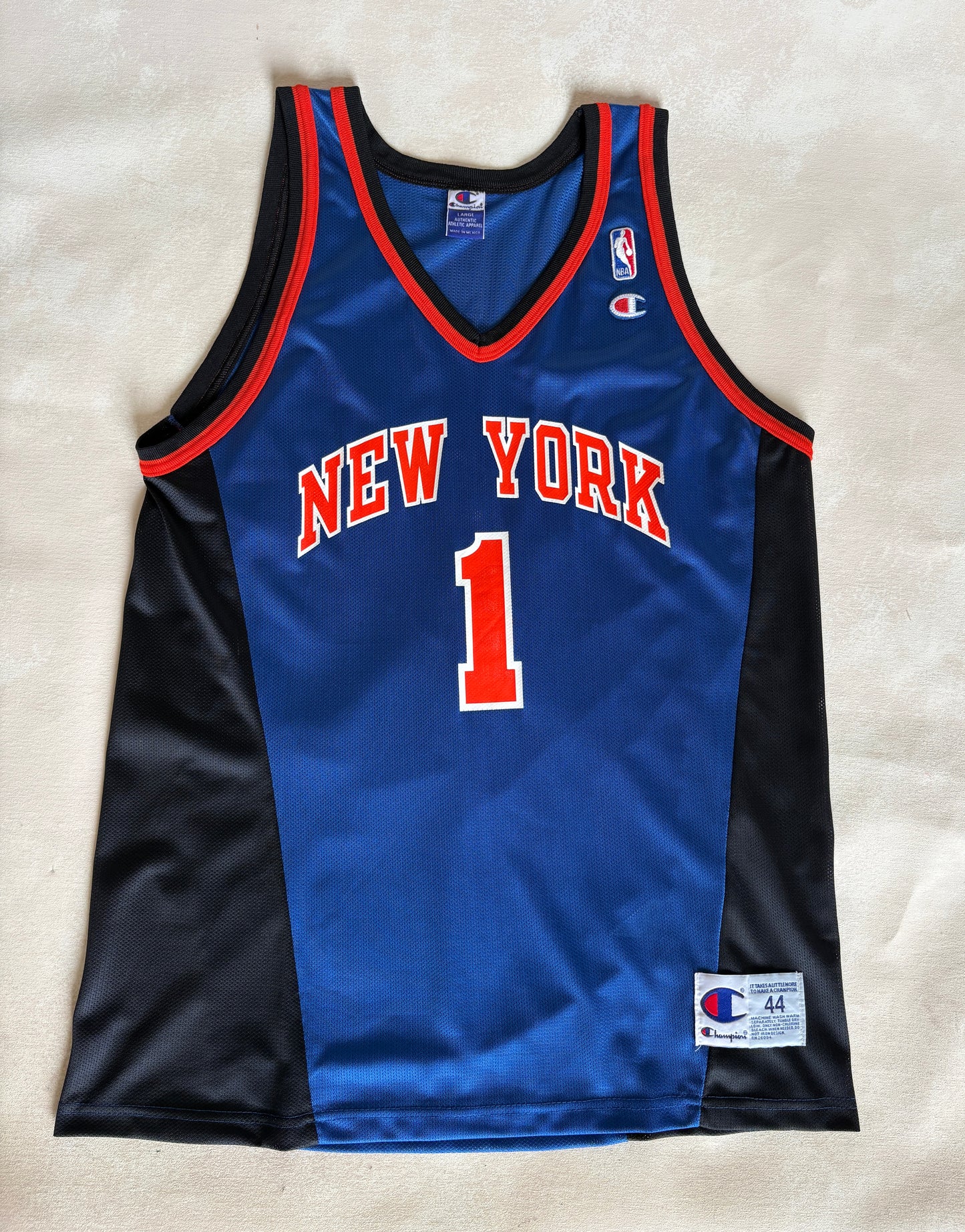 Champion New York Knicks Allan Houston #1 Jersey Size L/44 Blue Black Orange Mesh 90s NBA
