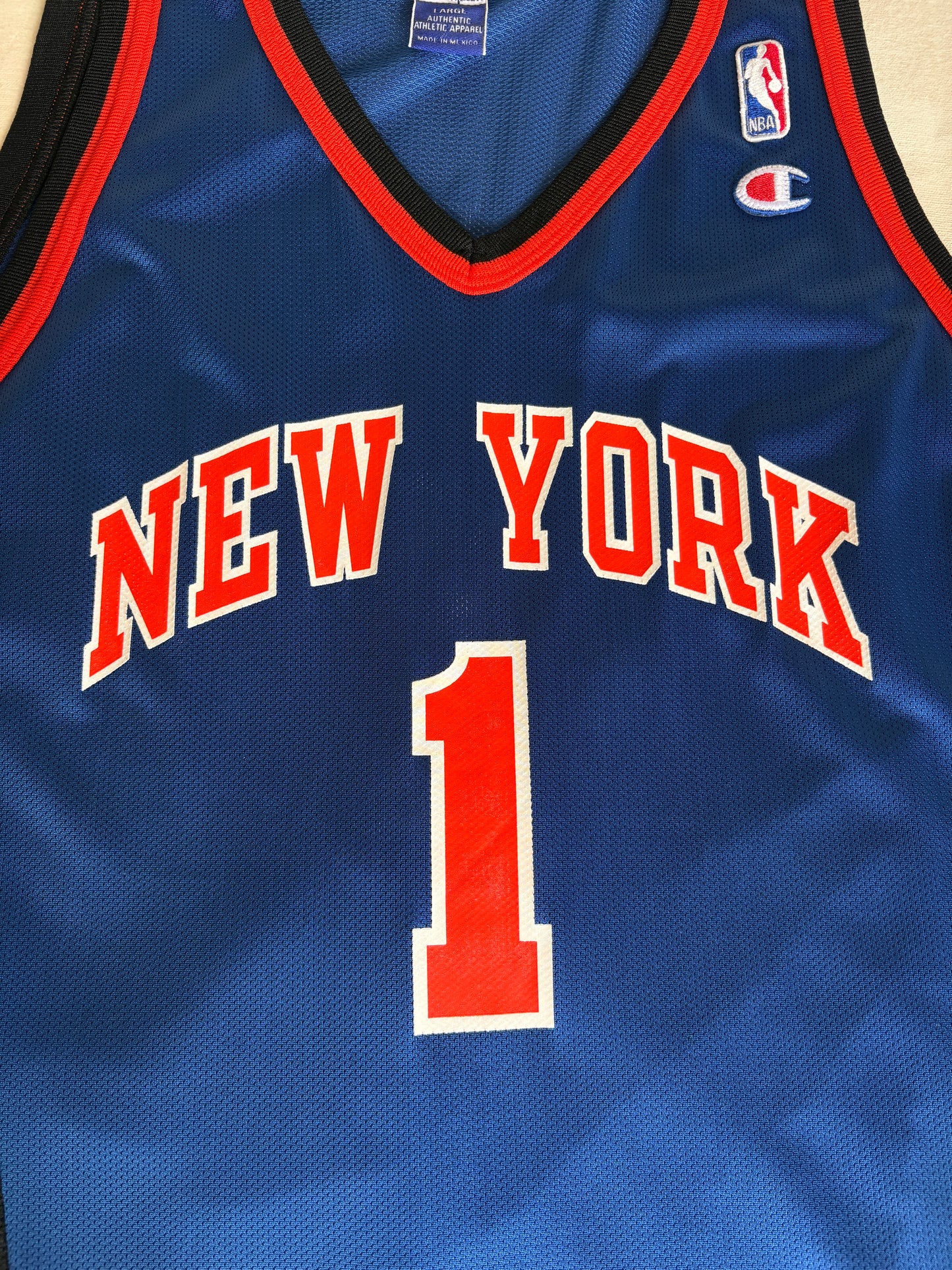 Champion New York Knicks Allan Houston #1 Jersey Size L/44 Blue Black Orange Mesh 90s NBA