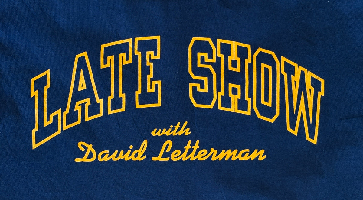 Vintage Champion 90s Late Show with David Letterman tee – classic TV nostalgia in bold collegiate style. Large-AJ357 Studio