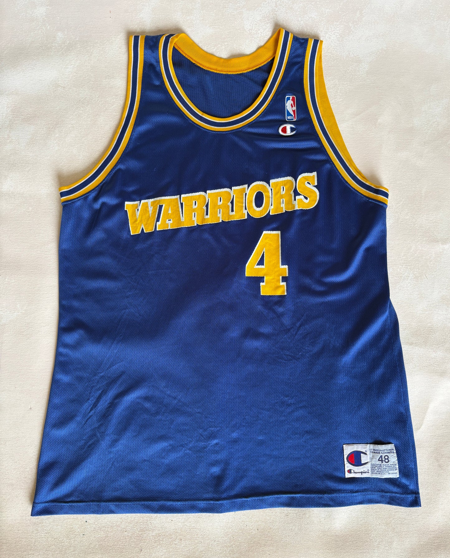 Champion Golden State Warriors Chris Webber #4 Jersey Size 48 Blue Yellow Mesh 90s NBA USA