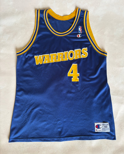 Champion Golden State Warriors Chris Webber #4 Jersey Size 48 Blue Yellow Mesh 90s NBA USA