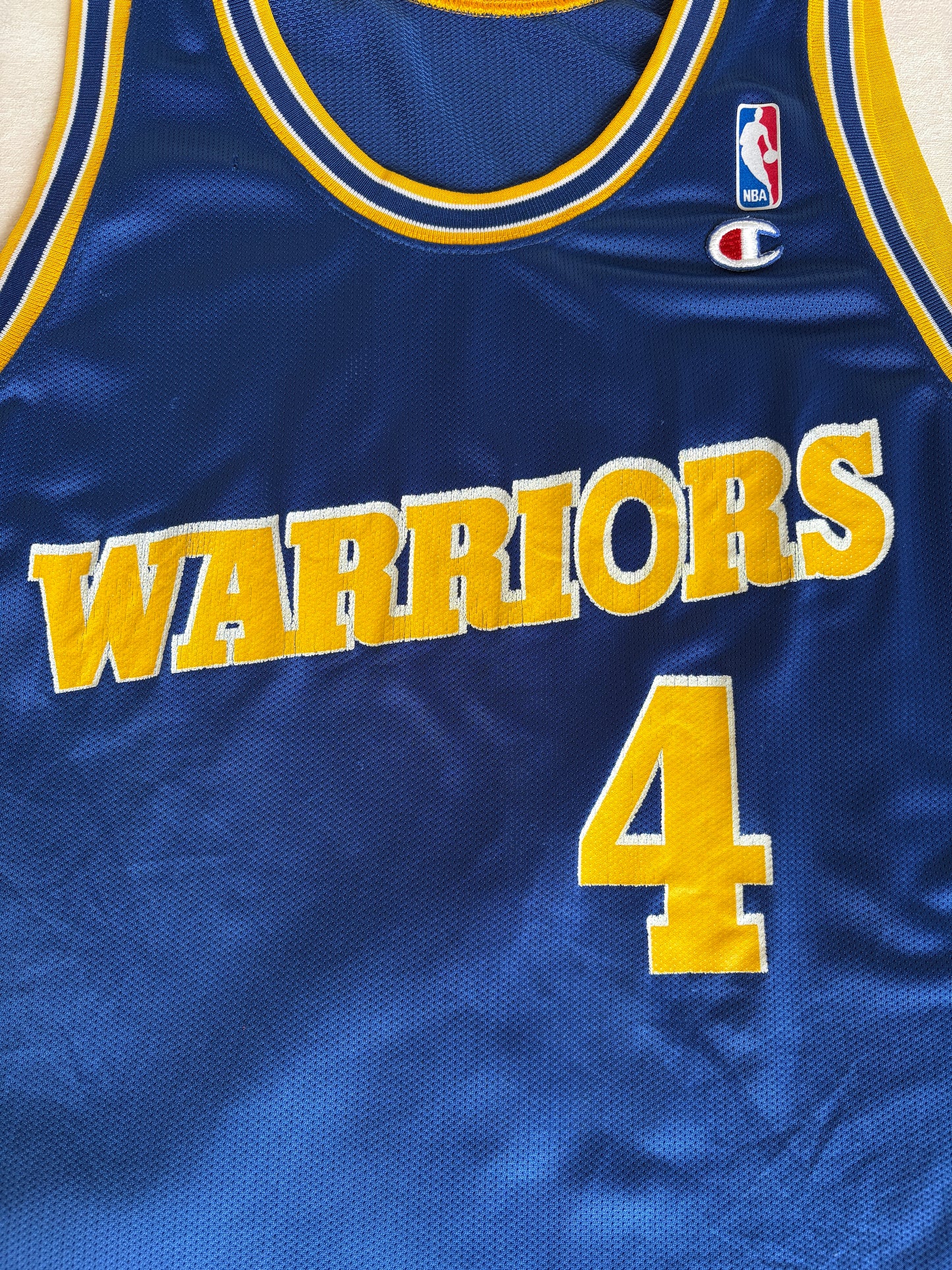 Champion Golden State Warriors Chris Webber #4 Jersey Size 48 Blue Yellow Mesh 90s NBA USA