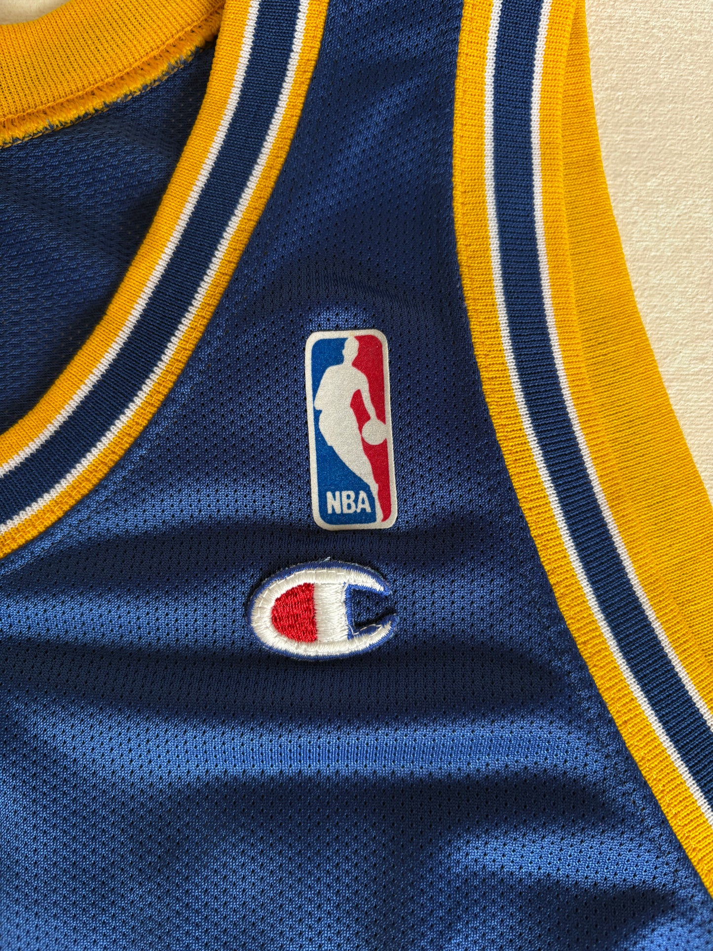 Champion Golden State Warriors Chris Webber #4 Jersey Size 48 Blue Yellow Mesh 90s NBA USA