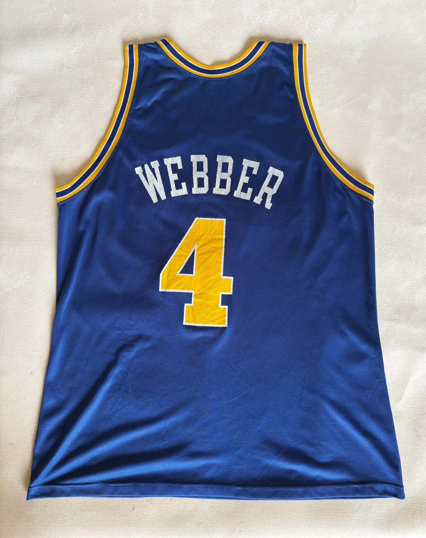 Champion Golden State Warriors Chris Webber #4 Jersey Size 48 Blue Yellow Mesh 90s NBA USA