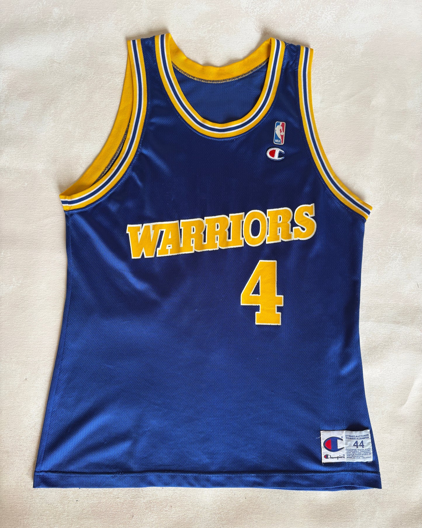 Champion Golden State Warriors Chris Webber #4 Jersey Size 44 Blue Yellow Mesh 90s NBA