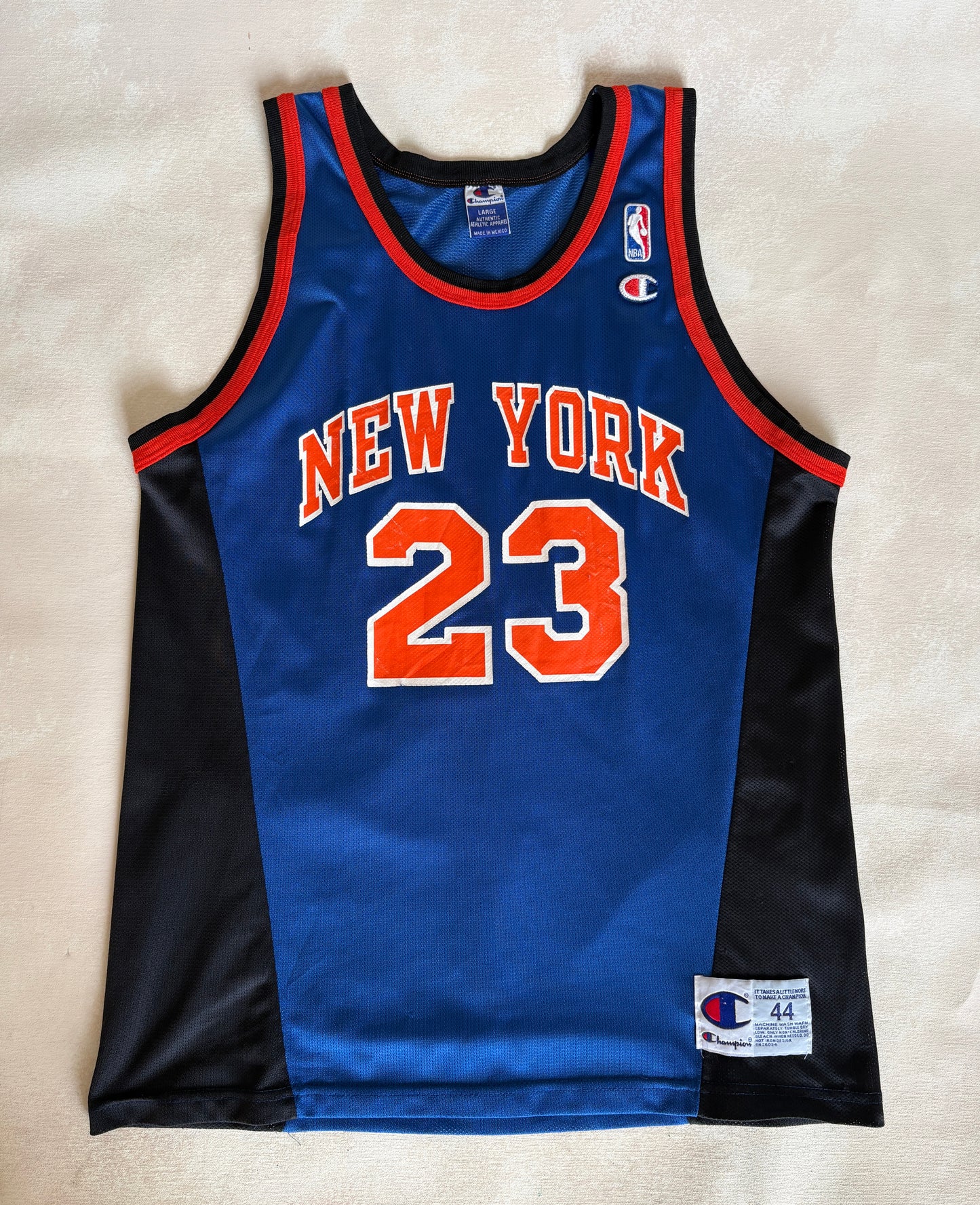 Champion New York Knicks Marcus Camby #23 Jersey Size L/44 Blue Black Orange Mesh 90s NBA