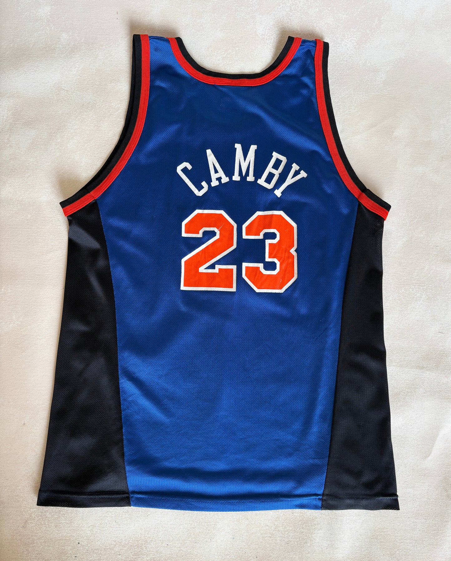 Champion New York Knicks Marcus Camby #23 Jersey Size L/44 Blue Black Orange Mesh 90s NBA