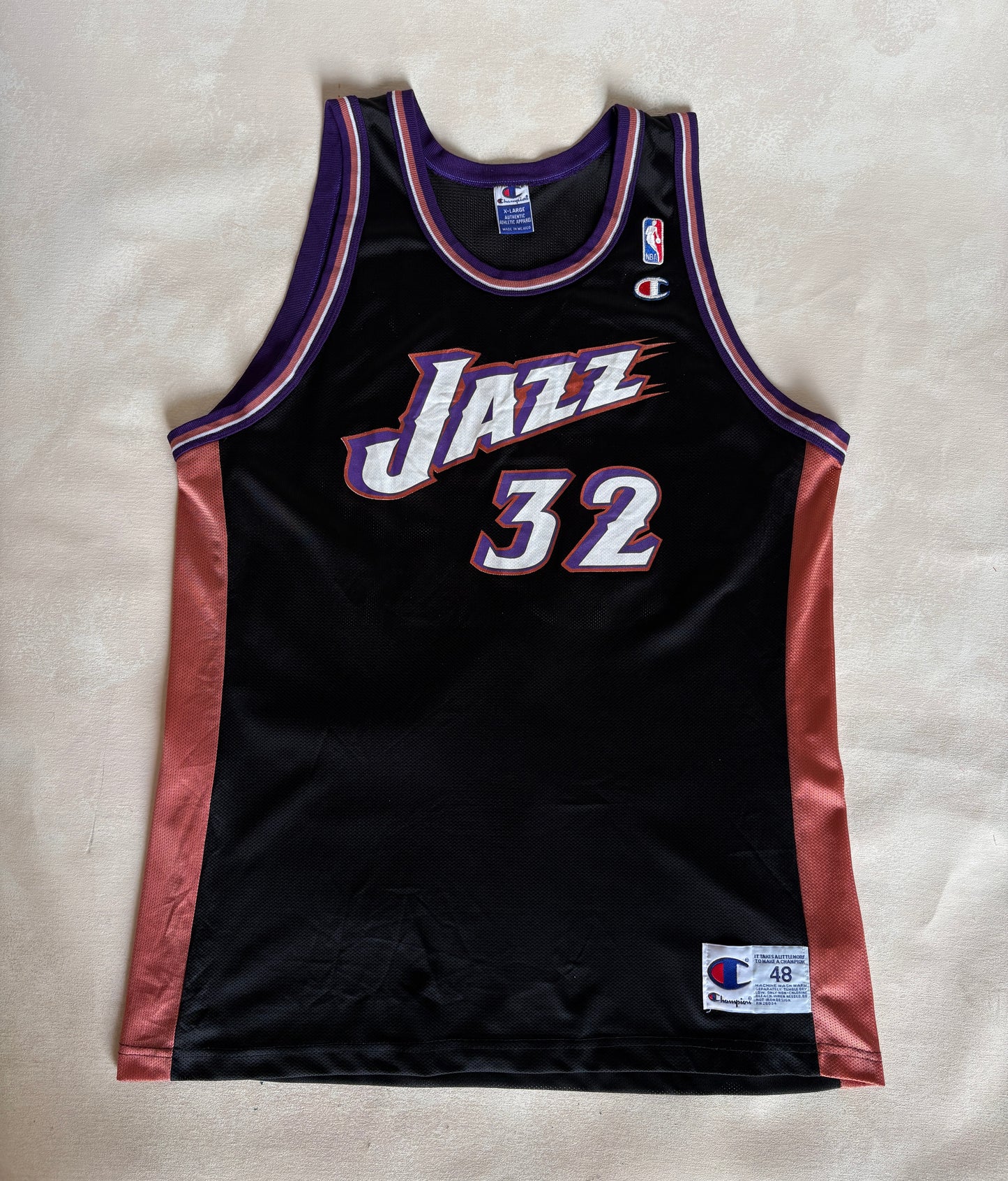Champion Utah Jazz #32 Malone Jersey Size 48 Black Mesh Vintage 90s NBA