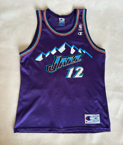 Champion Utah Jazz #12 Stockton Jersey Size 40 Purple Mesh Vintage 90s NBA