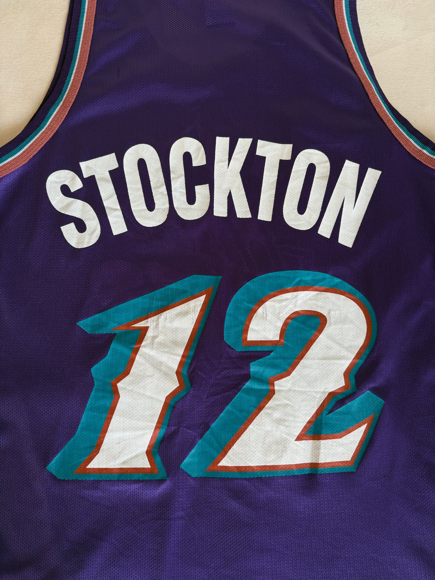 Champion Utah Jazz #12 Stockton Jersey Size 40 Purple Mesh Vintage 90s NBA