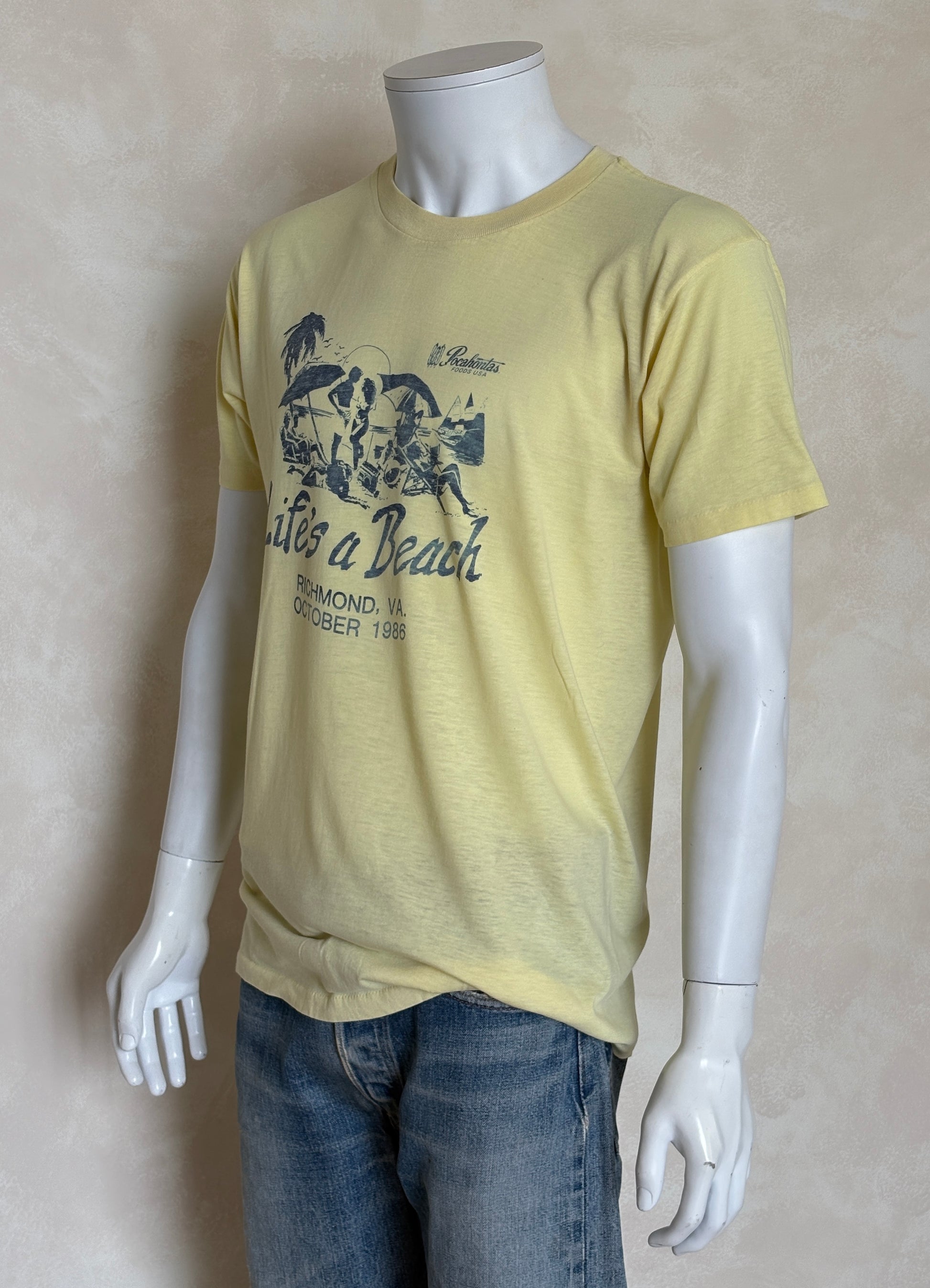 Vintage 1986 “Life’s a Beach” t-shirt from Richmond VA with retro beach scene and party vibe, size XL