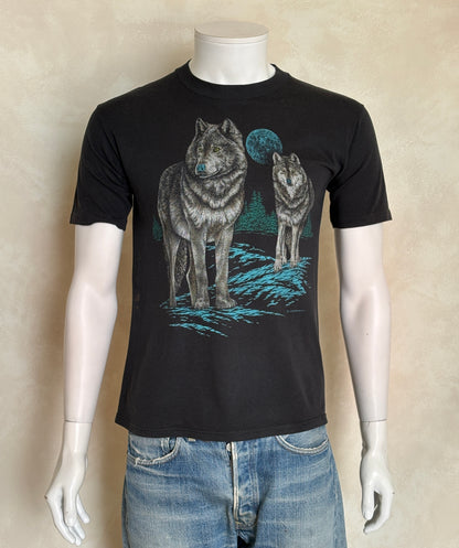 Authentic vintage 90s wolf t-shirt featuring a bold full moon nature scene. Small-AJ357 Studio