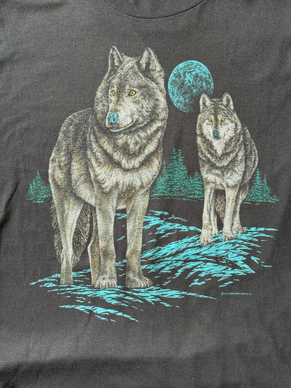 Authentic vintage 90s wolf t-shirt featuring a bold full moon nature scene. Small-AJ357 Studio