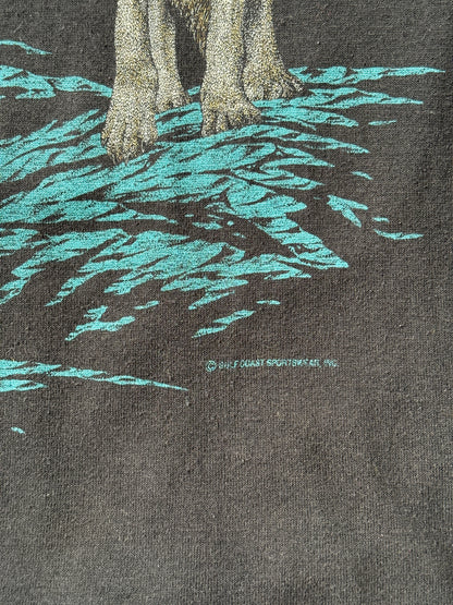 Authentic vintage 90s wolf t-shirt featuring a bold full moon nature scene. Small-AJ357 Studio