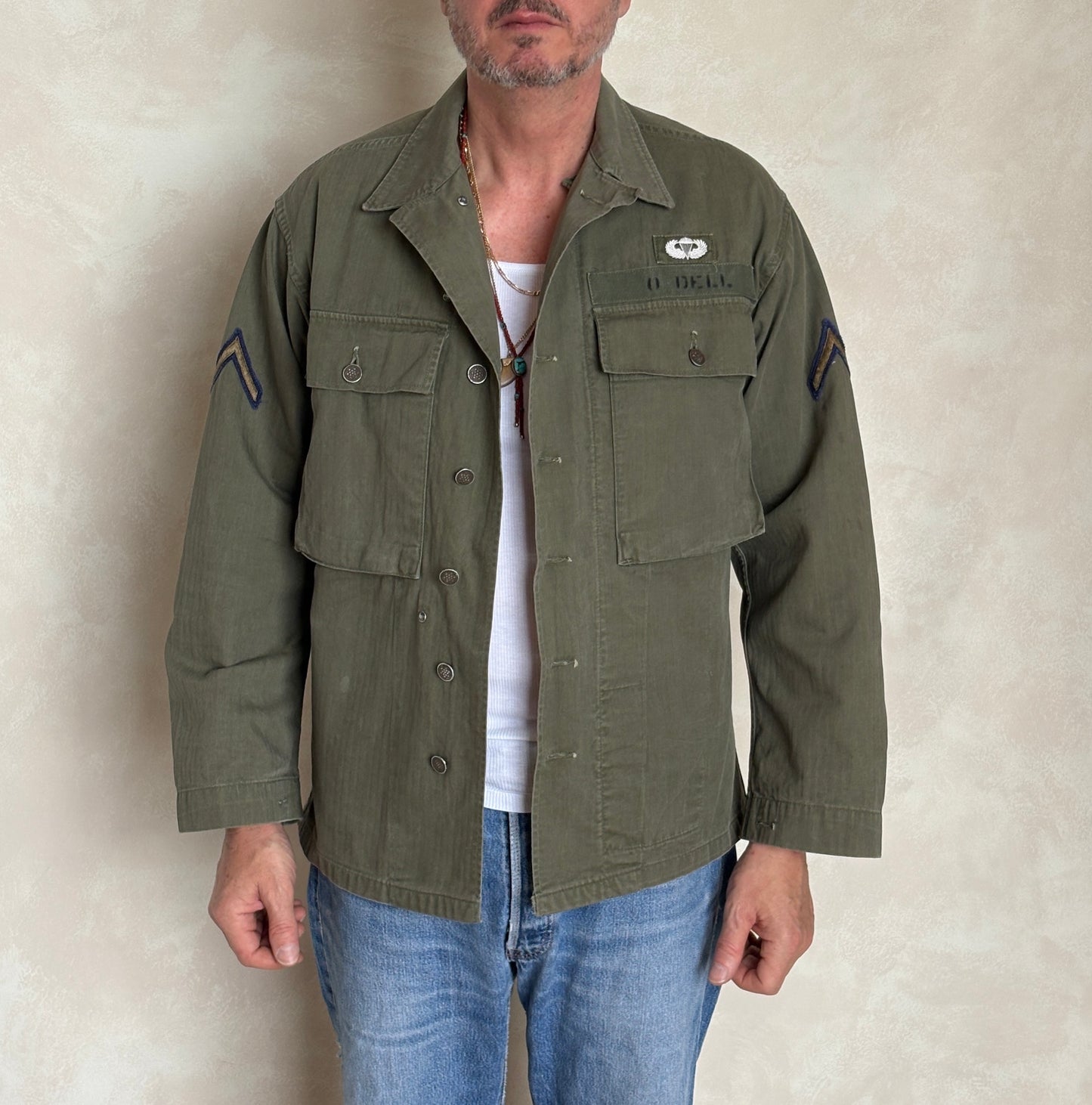 Med/L .Vintage WW2 US Army 2nd Pattern HBT 13 Stars Button Combat Shirt/Jacket