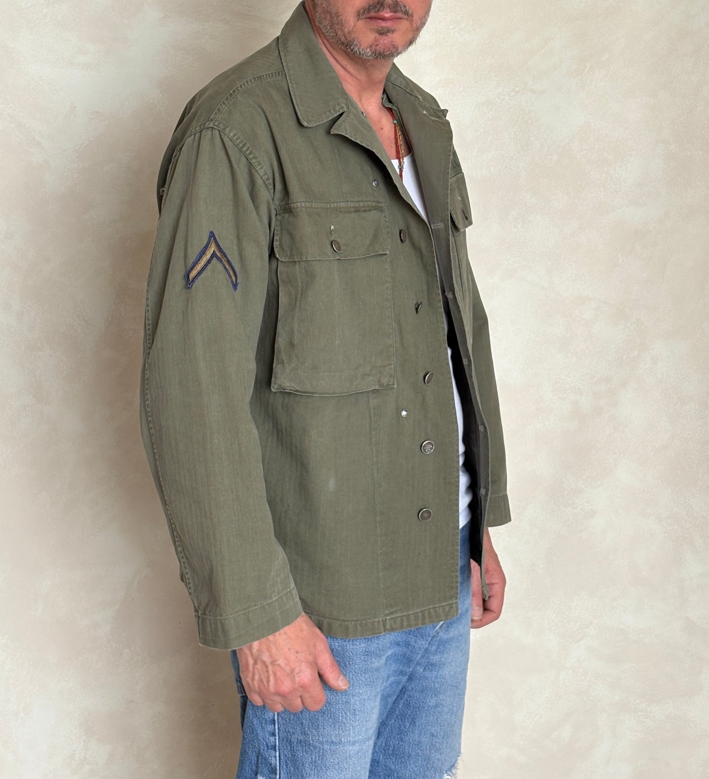 Med/L .Vintage WW2 US Army 2nd Pattern HBT 13 Stars Button Combat Shirt/Jacket