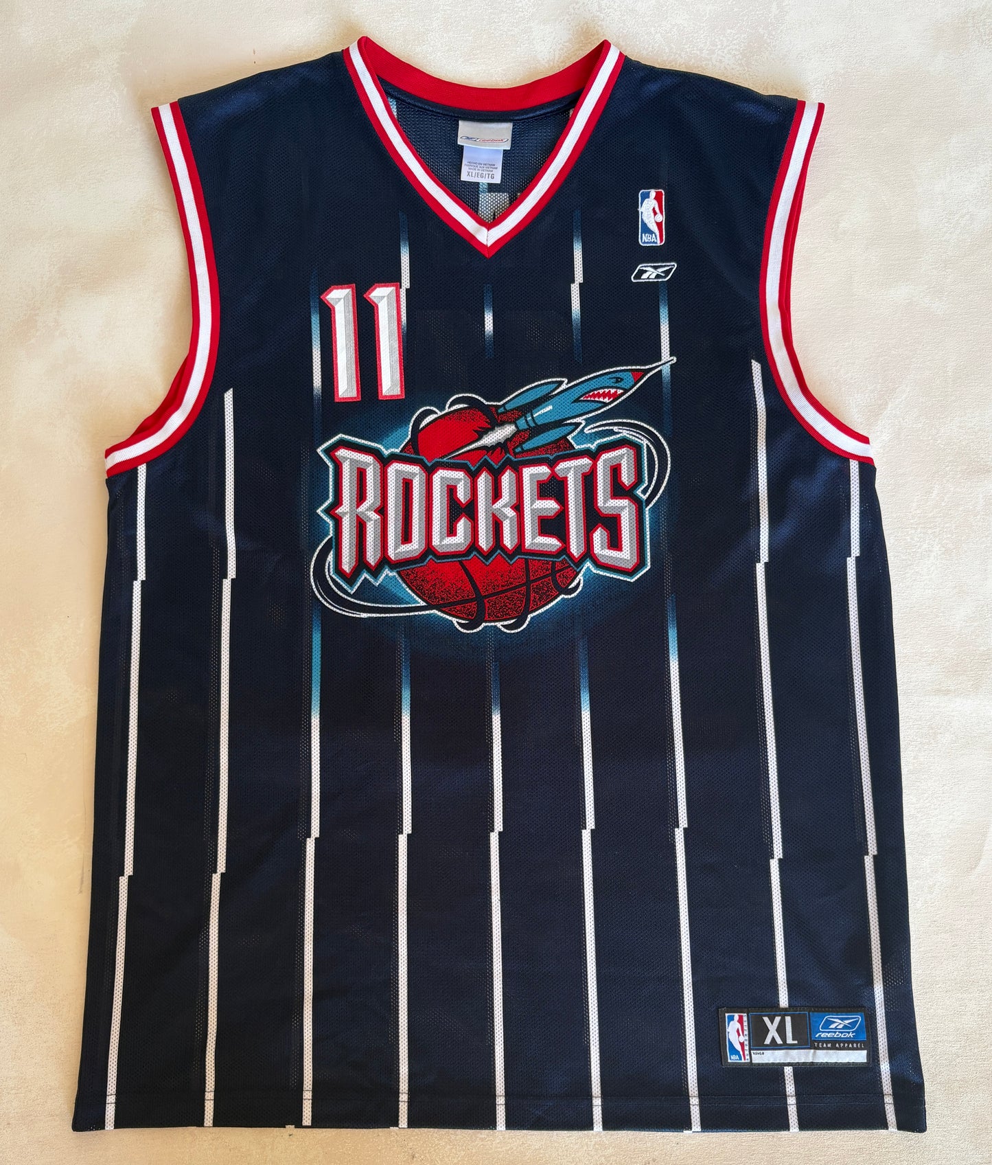 Reebok Houston Rockets Yao Ming No. 11 Jersey Size XL Navy Pinstripe Mesh 2000s NBA Vintage
