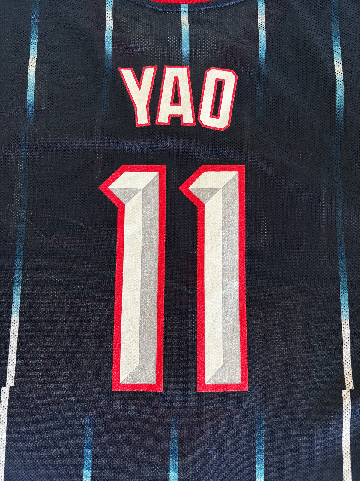 Reebok Houston Rockets Yao Ming No. 11 Jersey Size XL Navy Pinstripe Mesh 2000s NBA Vintage