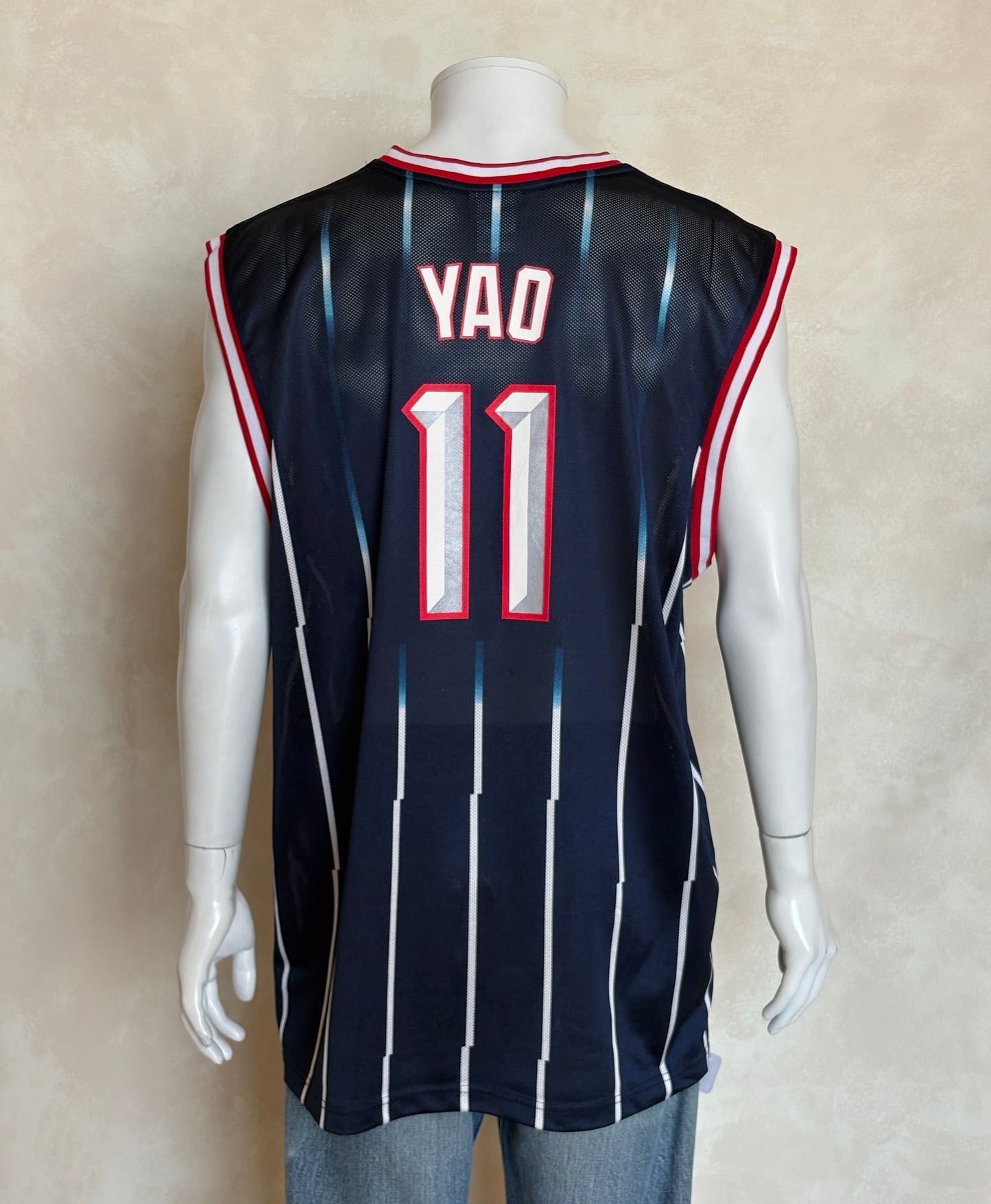 Reebok Houston Rockets Yao Ming No. 11 Jersey Size XL Navy Pinstripe Mesh 2000s NBA Vintage