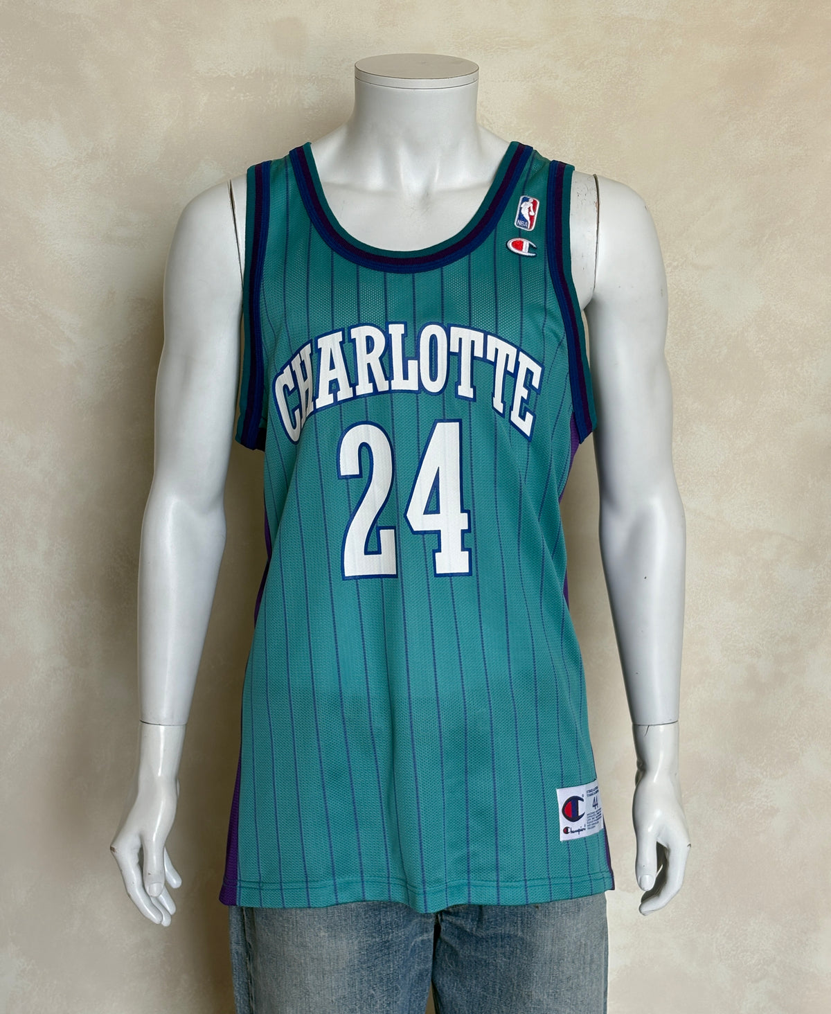 Champion Charlotte Hornets Jamal Mashburn No. 24 Jersey Size Large/44 Teal Pinstripe 90s NBA