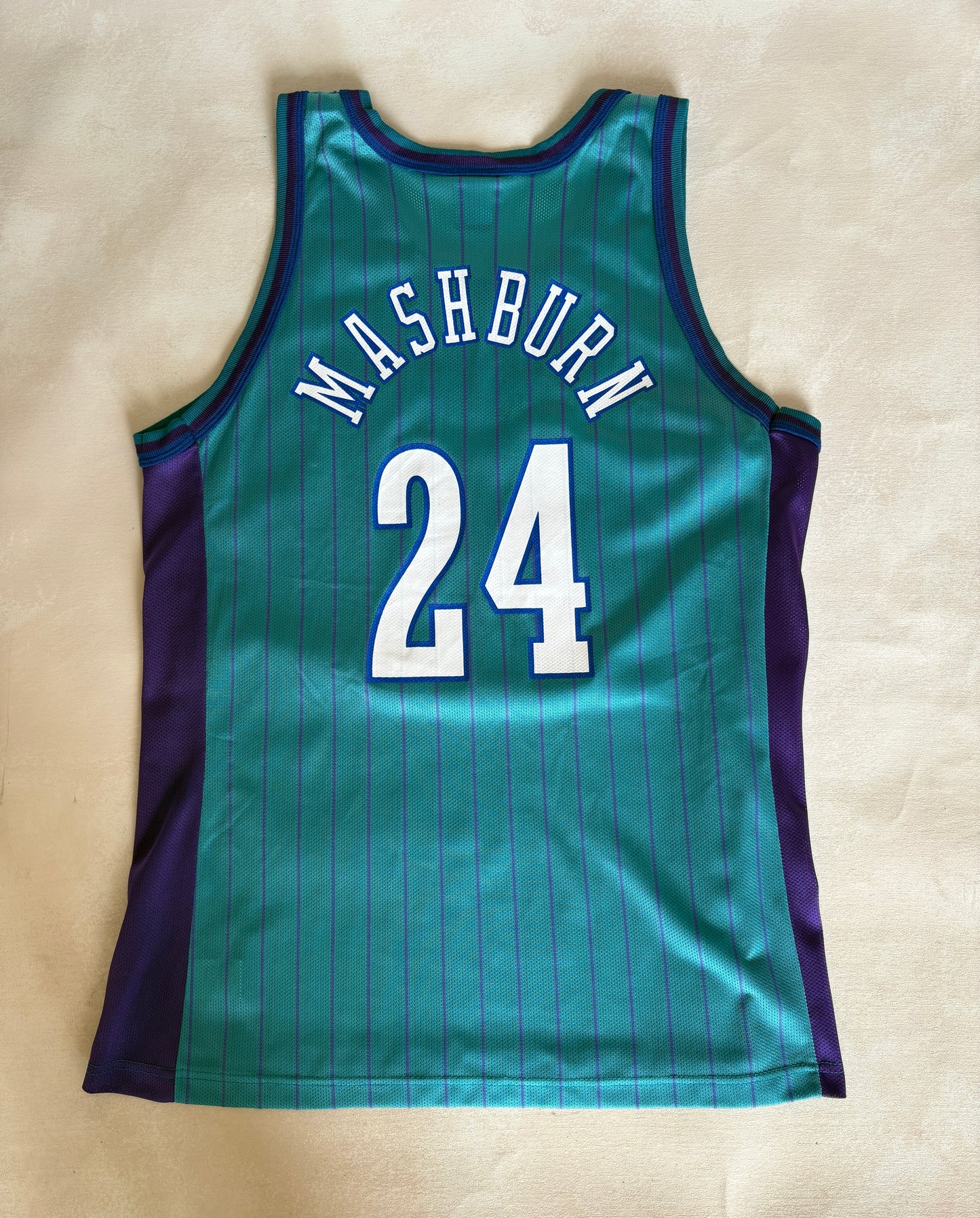 Champion Charlotte Hornets Jamal Mashburn No. 24 Jersey Size Large/44 Teal Pinstripe 90s NBA