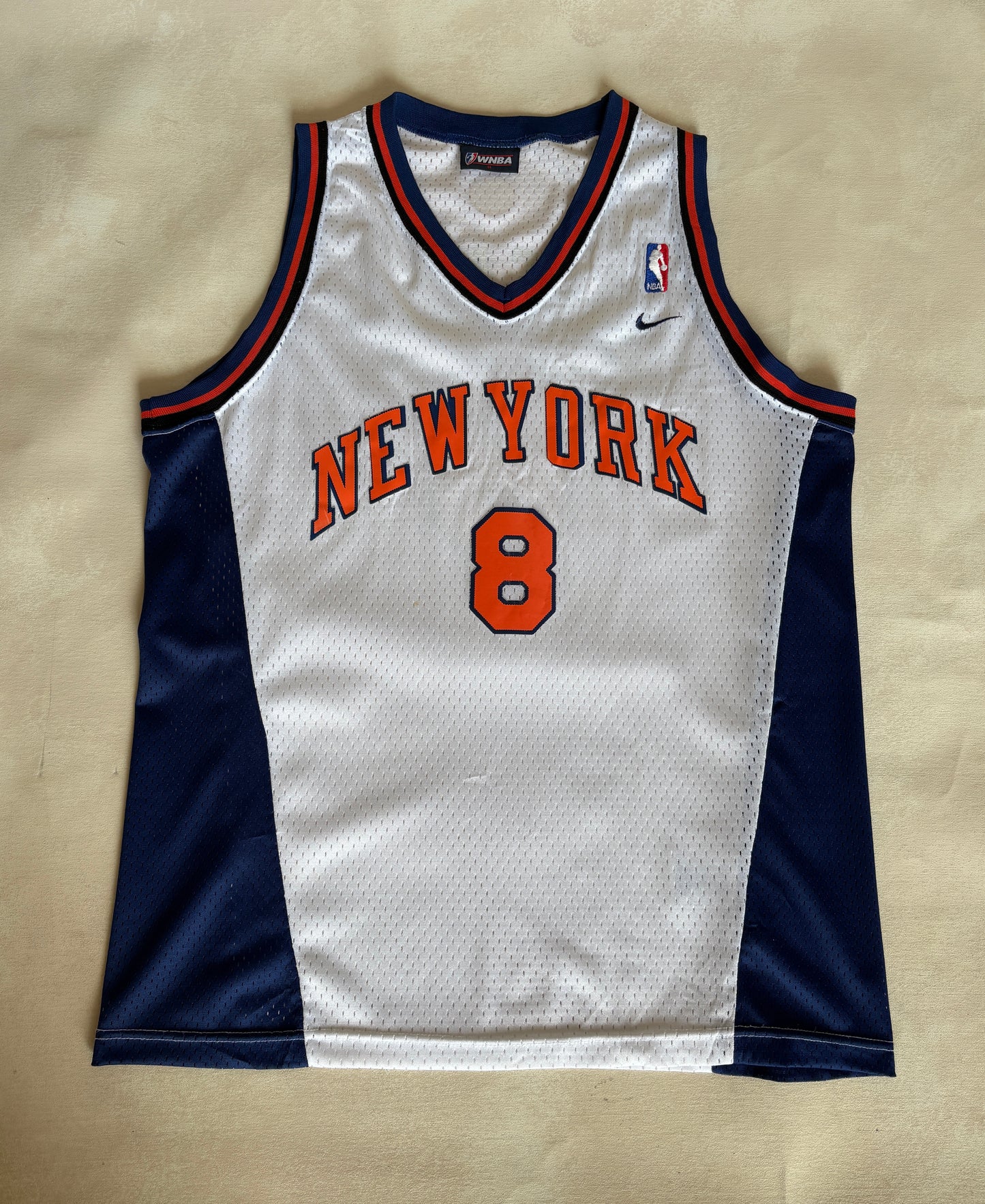 Nike New York Knicks No. 8 Jersey Size M White Orange Navy Mesh NBA Early 2000s