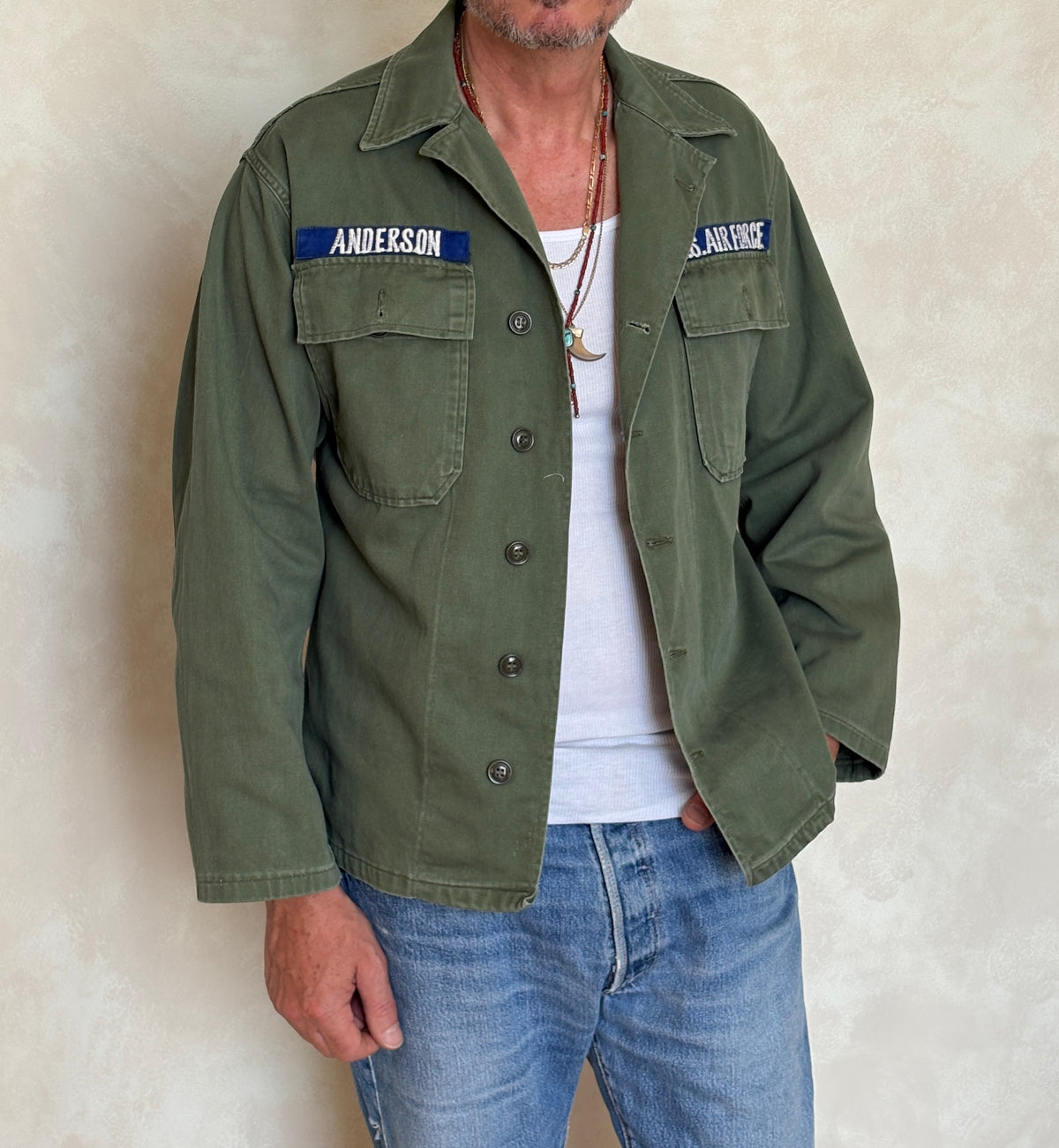 Med. Authentic 60s Vintage U.S. Army 1st Infantry Division OG-107 Utility Shirt-AJ357 Studio