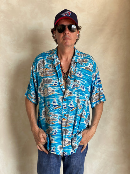 Size XL. Vintage 90s Rayon Hawaiian shirt by Pineapple Connection-AJ357 Studio