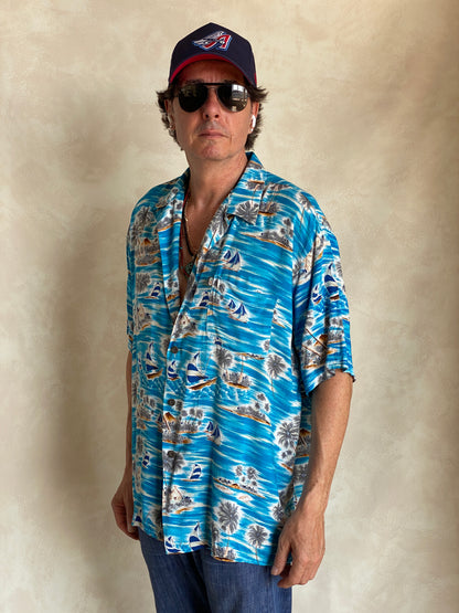 Size XL. Vintage 90s Rayon Hawaiian shirt by Pineapple Connection-AJ357 Studio