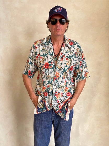 Size Large Long. Vintage 90s Rayon Hawaiian shirt-AJ357 Studio