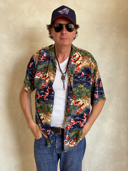 Size L. Vintage 90s polyester thin Hawaiian shirt-AJ357 Studio