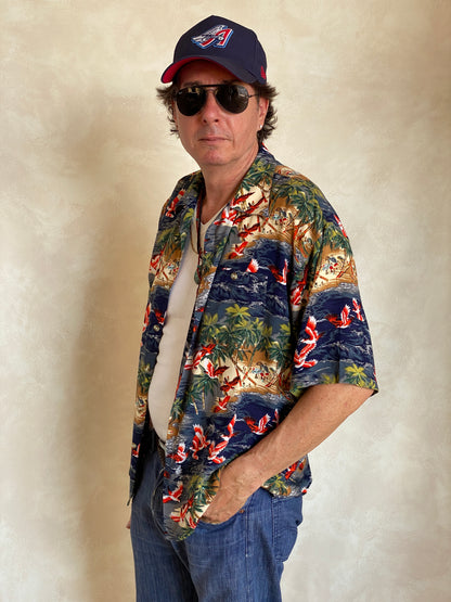 Size L. Vintage 90s polyester thin Hawaiian shirt-AJ357 Studio