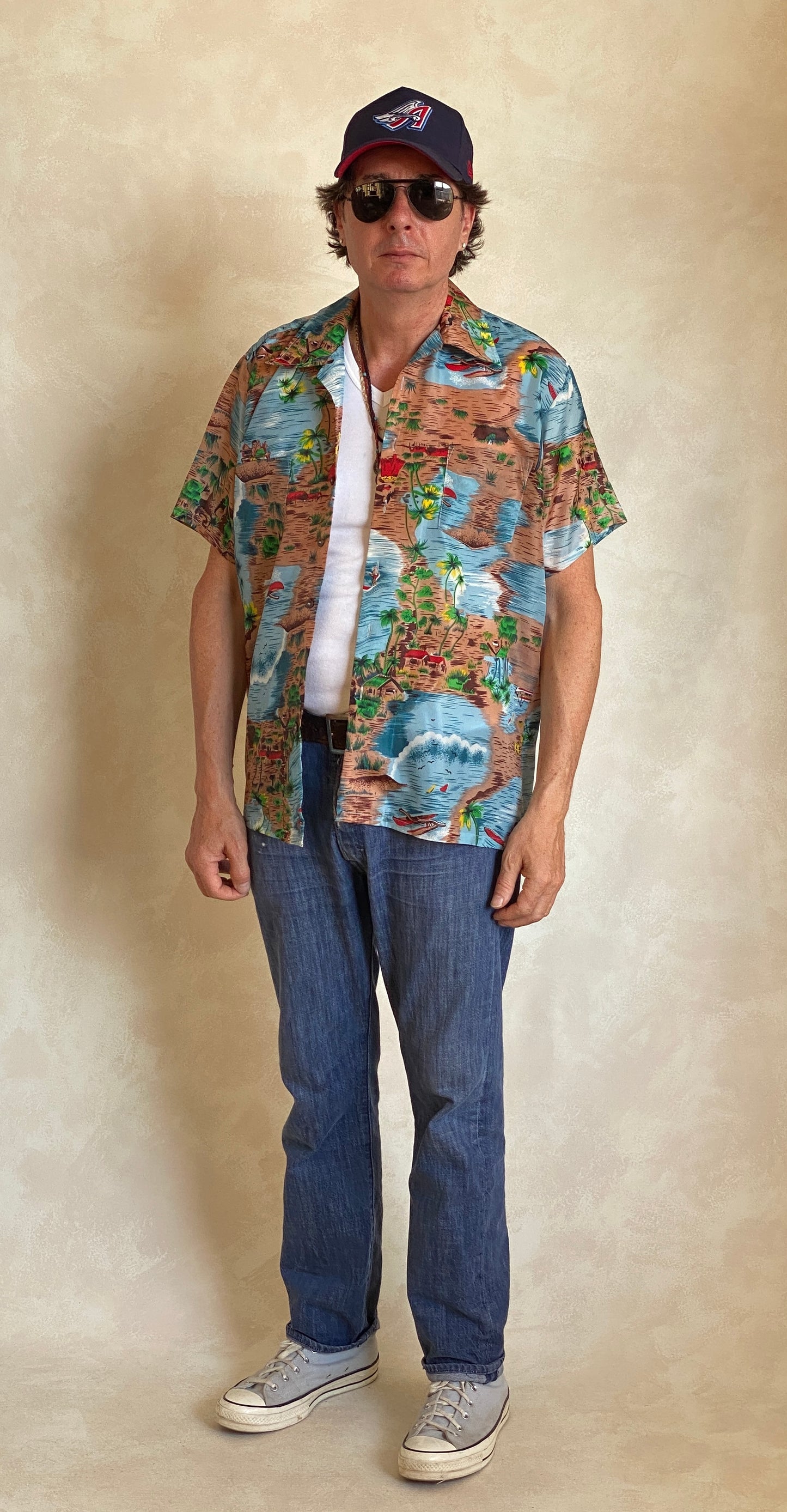 Size L. Vintage 90s polyester thin Hawaiian shirt - USA Vintage Bcn