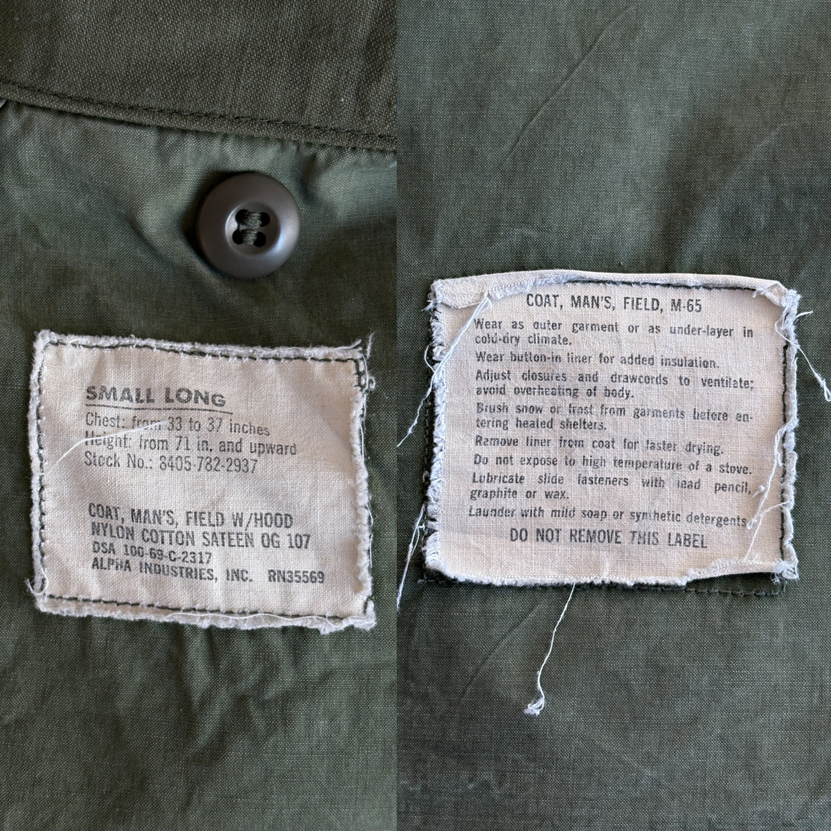 Small Long. Authentic Alpha Industries 1969 US Army M-65 Field Jacket – OG-107 – Vintage Military Issue-AJ357 Studio