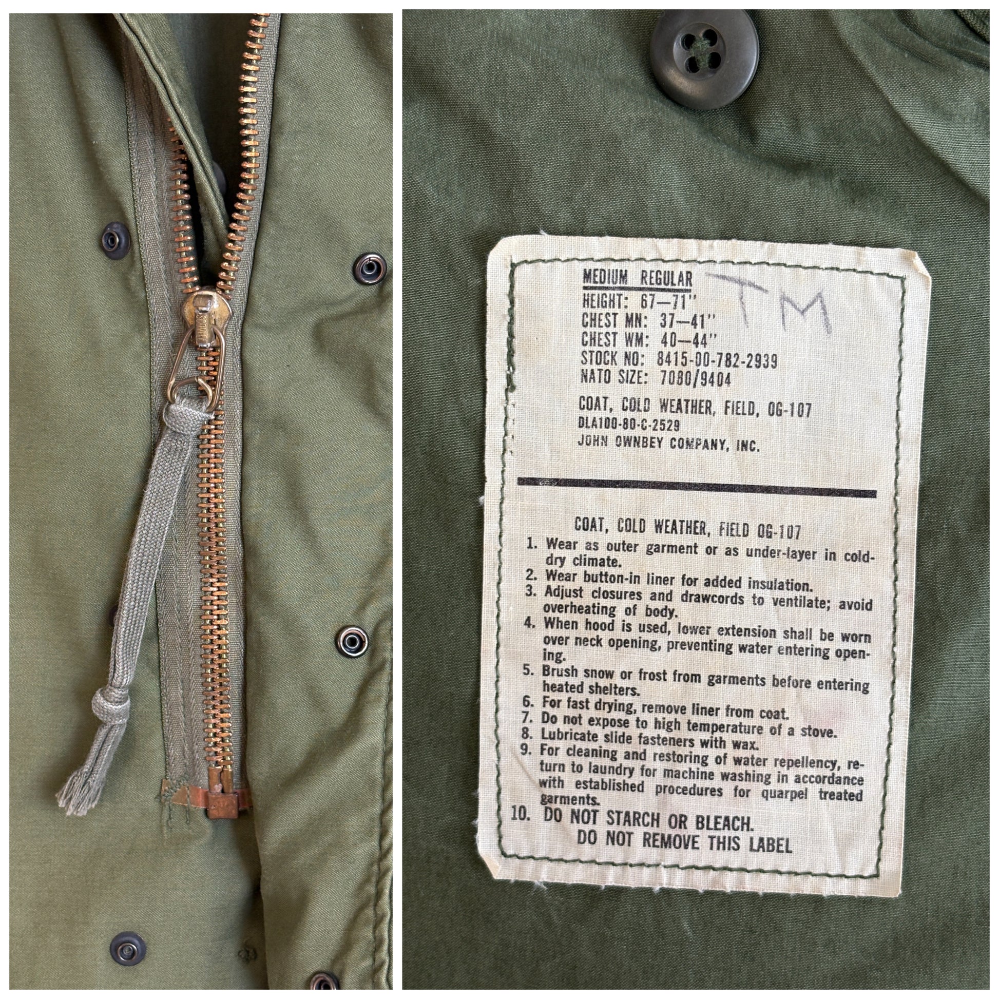 Medium Reg. Authentic 1980 US Army M-65 field jacket Military- Made by John Ownbey - USA Vintage Bcn