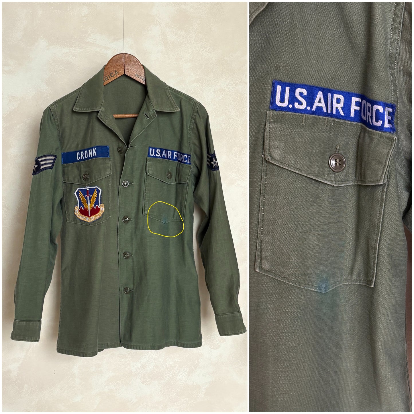 Small . Authentic 1966 Vintage U.S. Air Force  OG-107 Utility Shirt .Vietnam war era (Original patches )