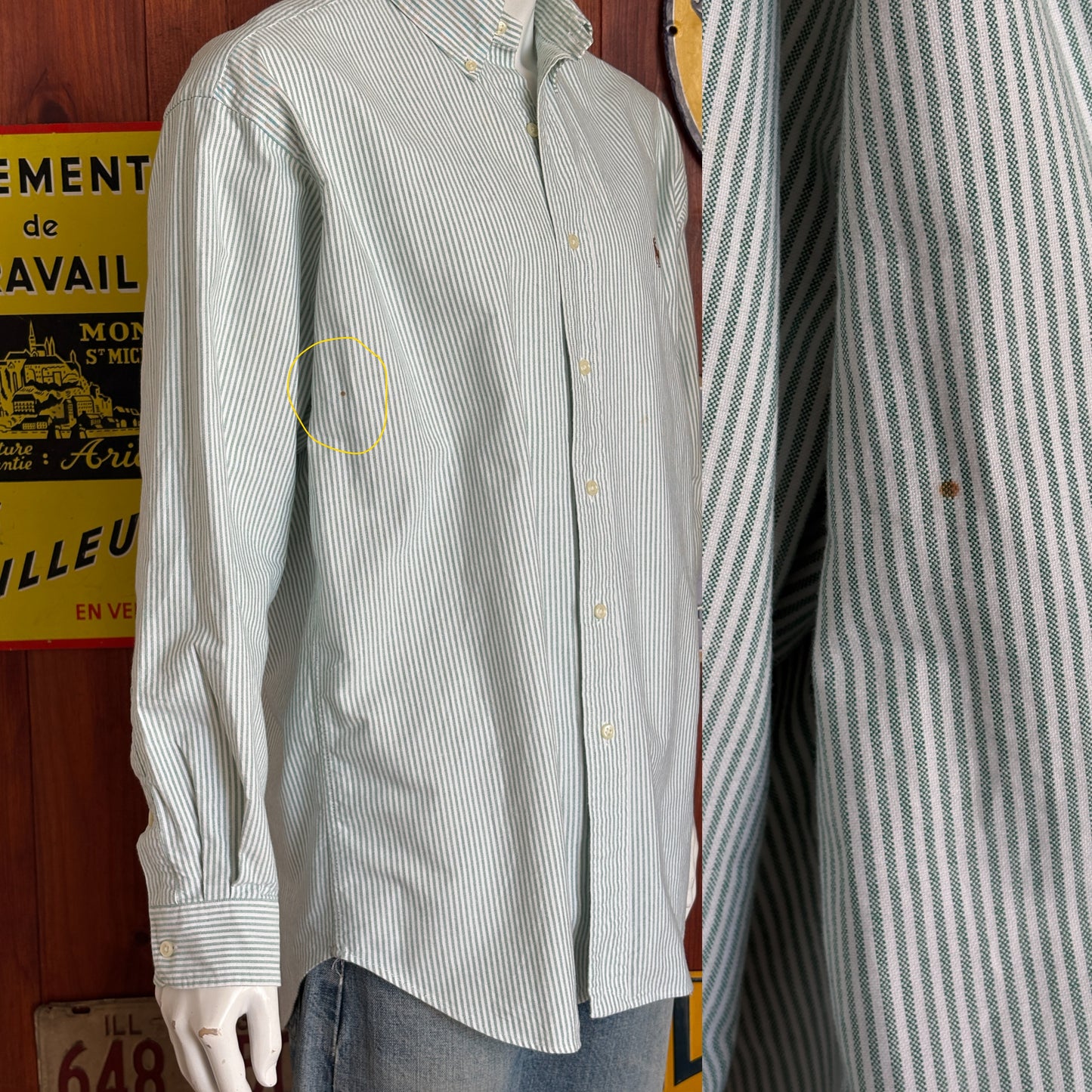 Ralph Lauren BLAKE Shirt Large Green White Striped Cotton Button Down