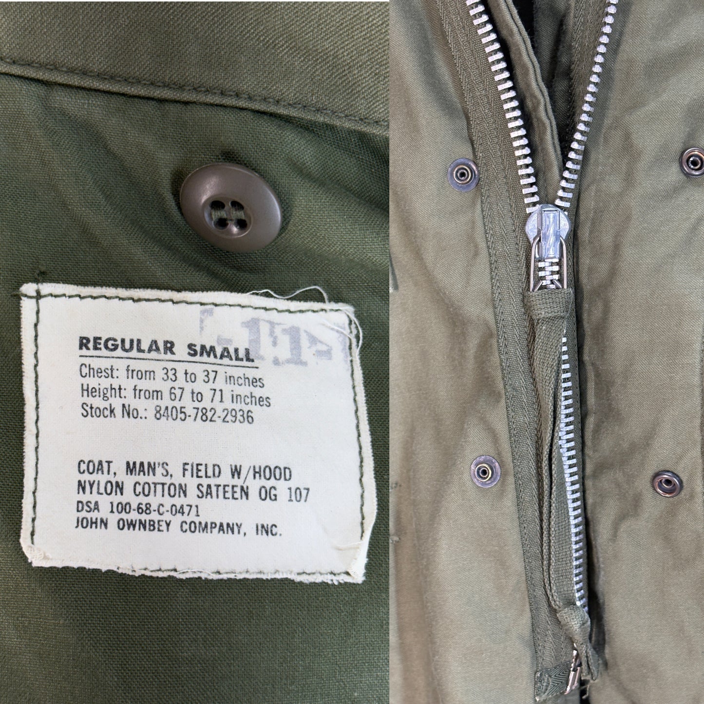 Small Reg. Authentic 1968 US Army M-65 field jacket made by John Ownbey. Military - USA Vintage Bcn