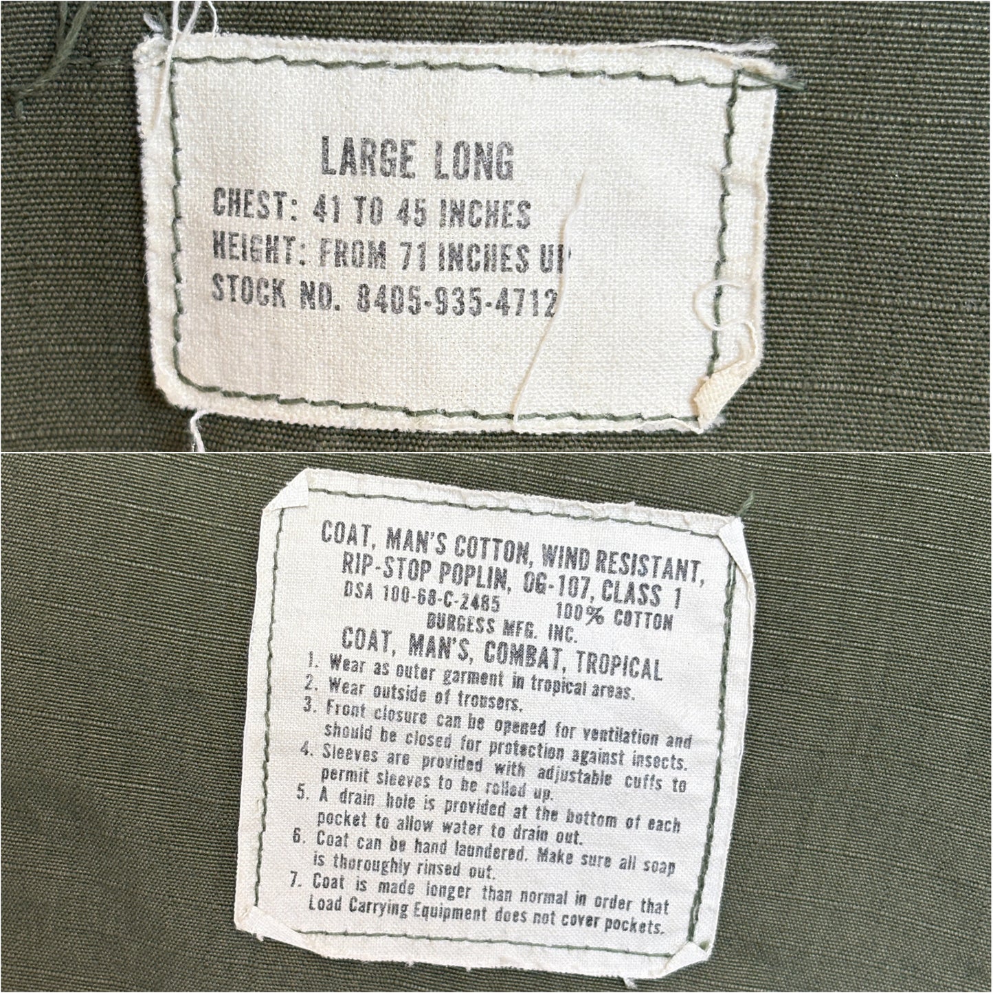 Large Long. Authentic 1968 US Army vintage Vietnam jungle jacket.