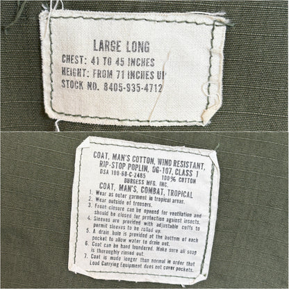 Large Long. Authentic 1968 US Army vintage Vietnam jungle jacket.