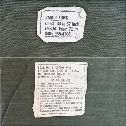 Small Long . Authentic 1969 US Army vintage Vietnam jungle jacket.